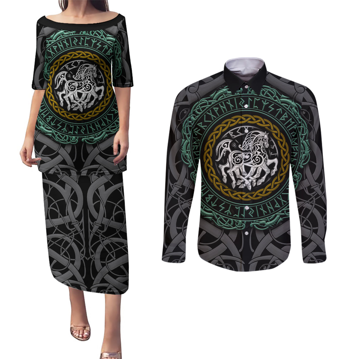 Viking Couples Matching Puletasi Dress and Long Sleeve Button Shirts Sleipnir symbol and viking pattern art - Wonder Print Shop