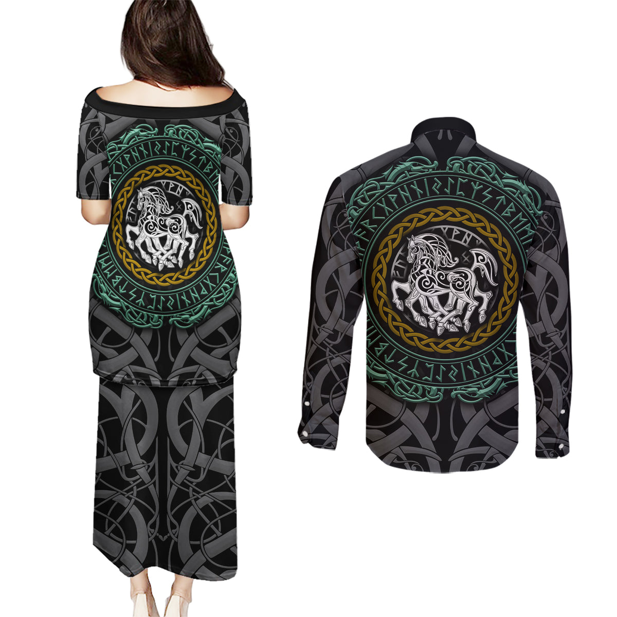 Viking Couples Matching Puletasi Dress and Long Sleeve Button Shirts Sleipnir symbol and viking pattern art - Wonder Print Shop
