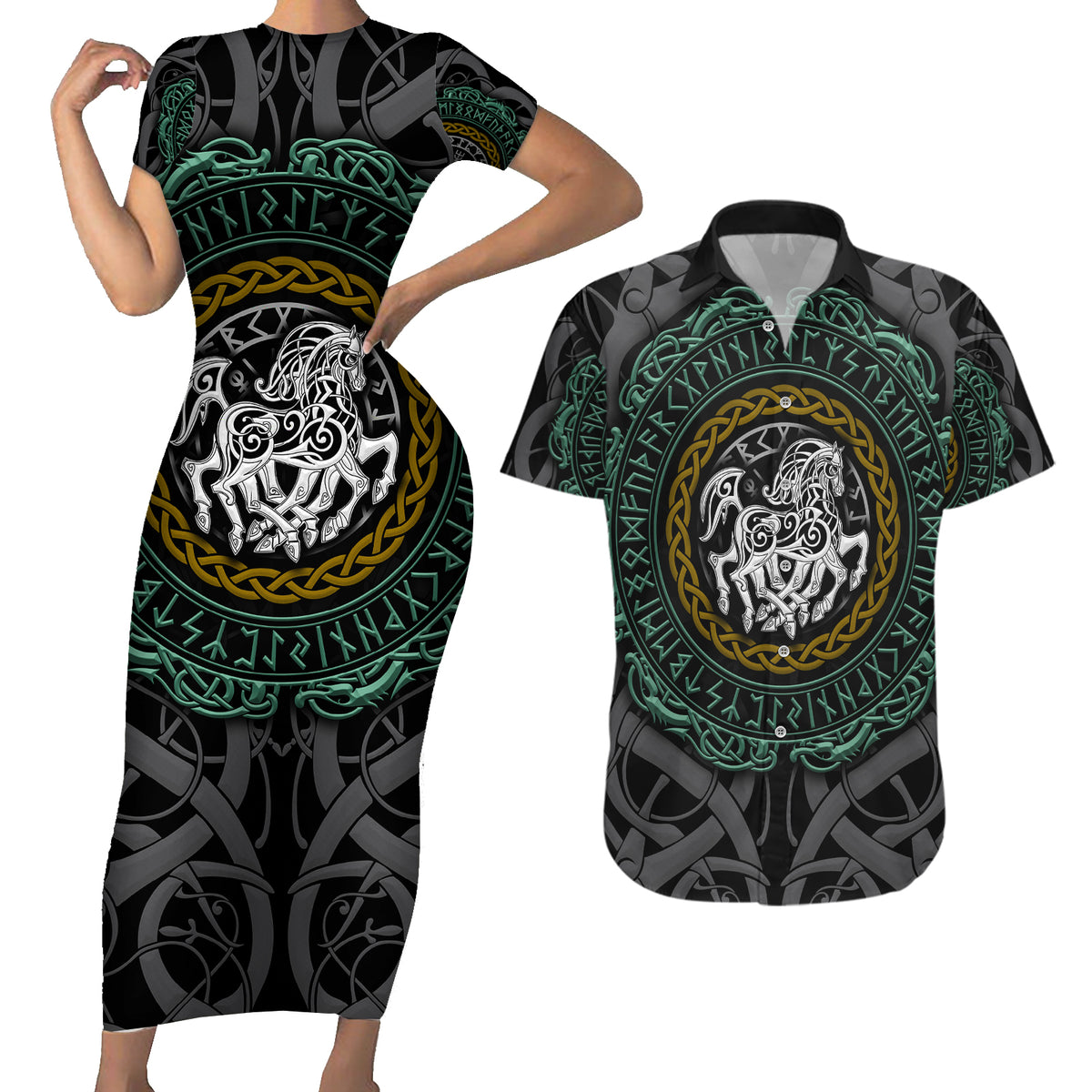 Viking Couples Matching Short Sleeve Bodycon Dress and Hawaiian Shirt Sleipnir symbol and viking pattern art - Wonder Print Shop
