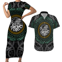 Viking Couples Matching Short Sleeve Bodycon Dress and Hawaiian Shirt Sleipnir symbol and viking pattern art - Wonder Print Shop