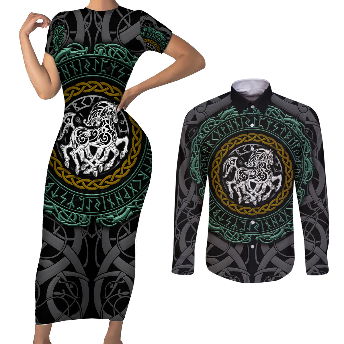 Viking Couples Matching Short Sleeve Bodycon Dress and Long Sleeve Button Shirts Sleipnir symbol and viking pattern art - Wonder Print Shop