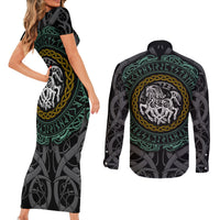 Viking Couples Matching Short Sleeve Bodycon Dress and Long Sleeve Button Shirts Sleipnir symbol and viking pattern art - Wonder Print Shop