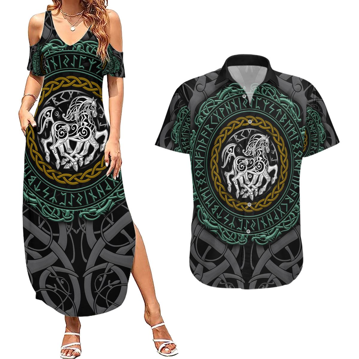 Viking Couples Matching Summer Maxi Dress and Hawaiian Shirt Sleipnir symbol and viking pattern art - Wonder Print Shop