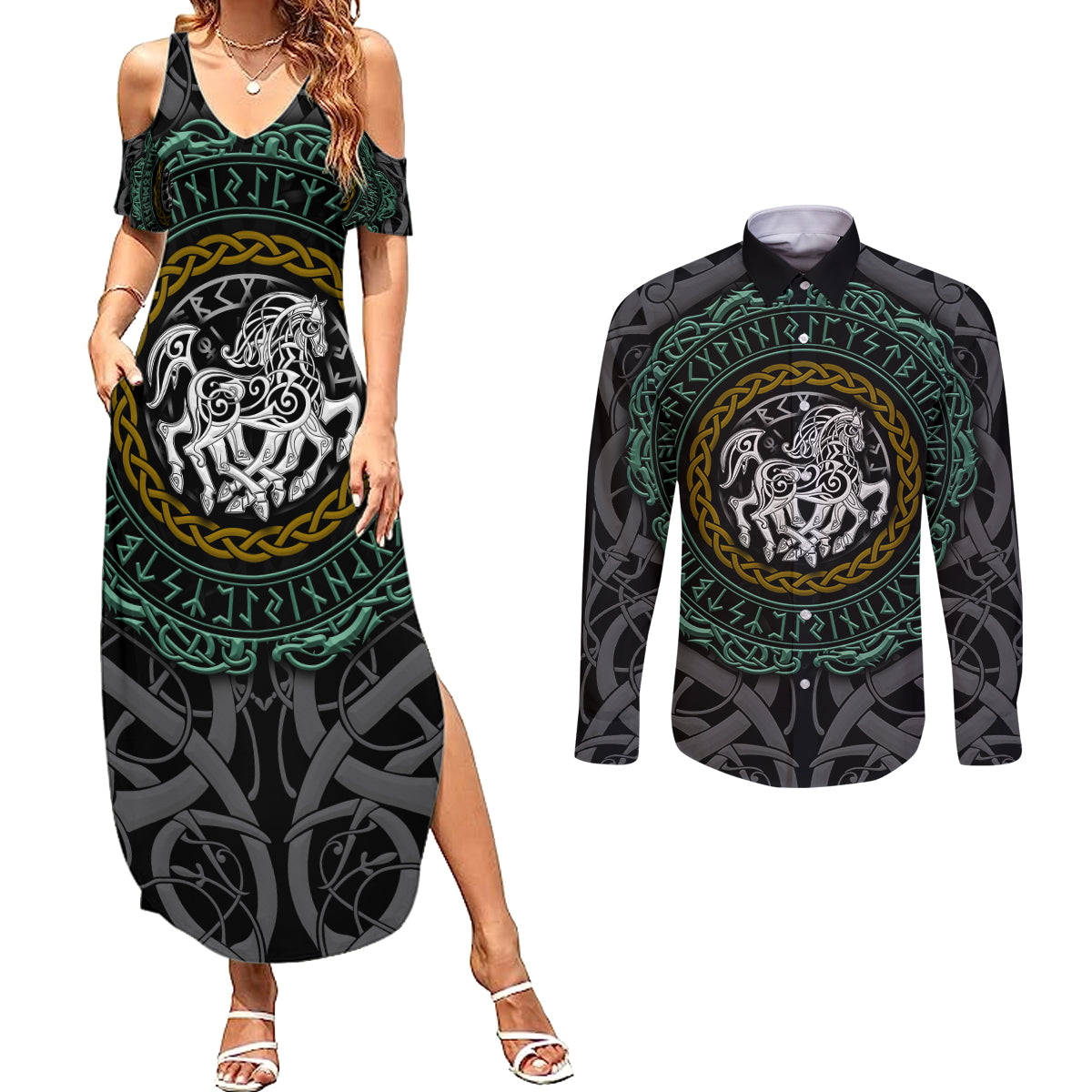 Viking Couples Matching Summer Maxi Dress and Long Sleeve Button Shirts Sleipnir symbol and viking pattern art - Wonder Print Shop