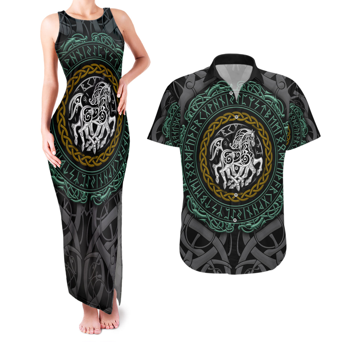 Viking Couples Matching Tank Maxi Dress and Hawaiian Shirt Sleipnir symbol and viking pattern art - Wonder Print Shop