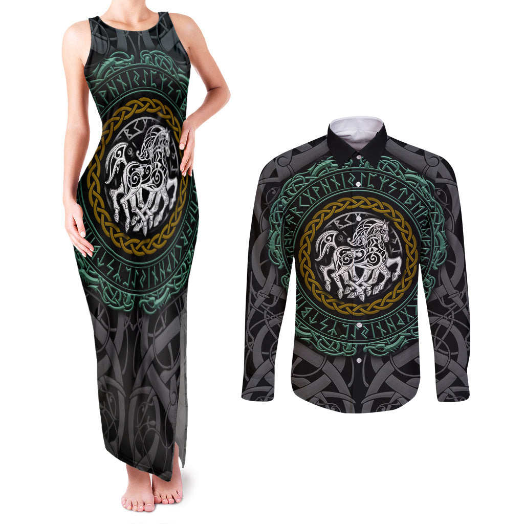 Viking Couples Matching Tank Maxi Dress and Long Sleeve Button Shirts Sleipnir symbol and viking pattern art - Wonder Print Shop