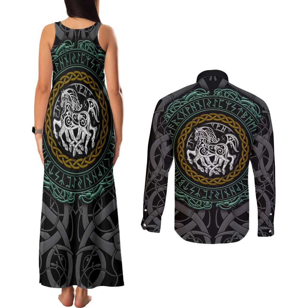 Viking Couples Matching Tank Maxi Dress and Long Sleeve Button Shirts Sleipnir symbol and viking pattern art - Wonder Print Shop