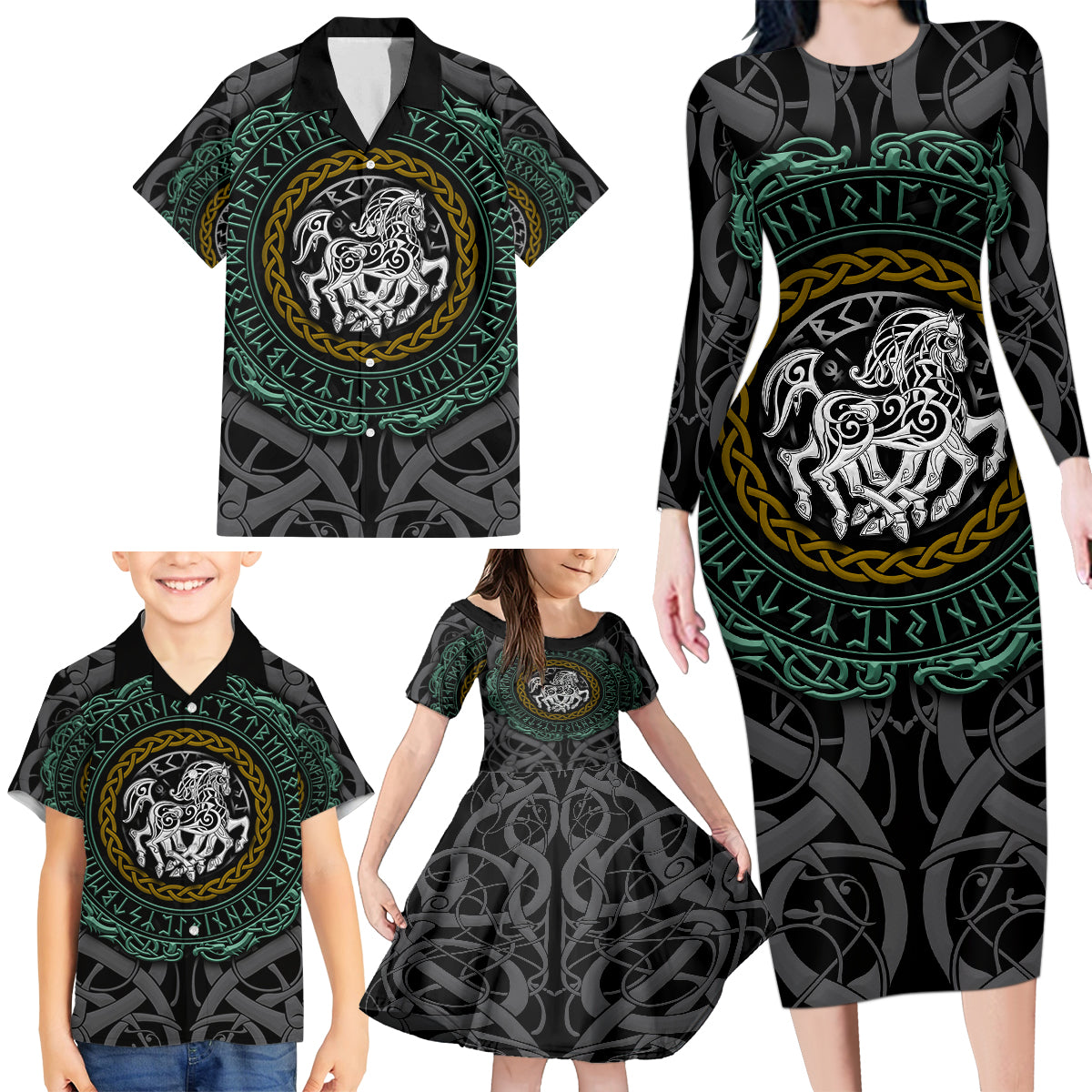 Viking Family Matching Long Sleeve Bodycon Dress and Hawaiian Shirt Sleipnir symbol and viking pattern art - Wonder Print Shop