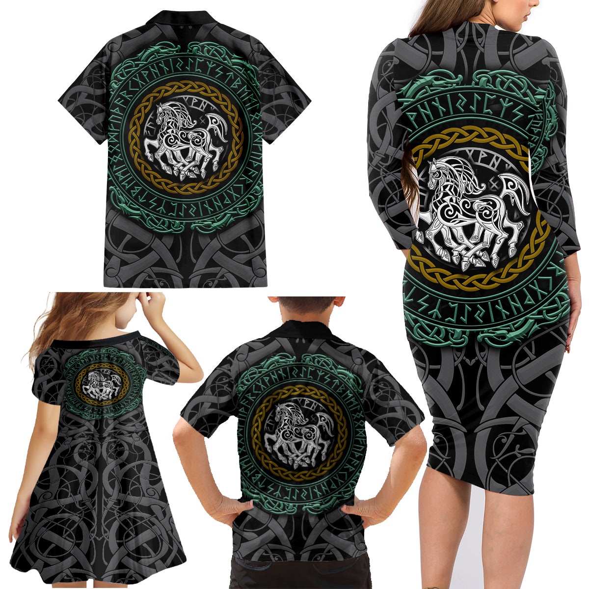 Viking Family Matching Long Sleeve Bodycon Dress and Hawaiian Shirt Sleipnir symbol and viking pattern art - Wonder Print Shop