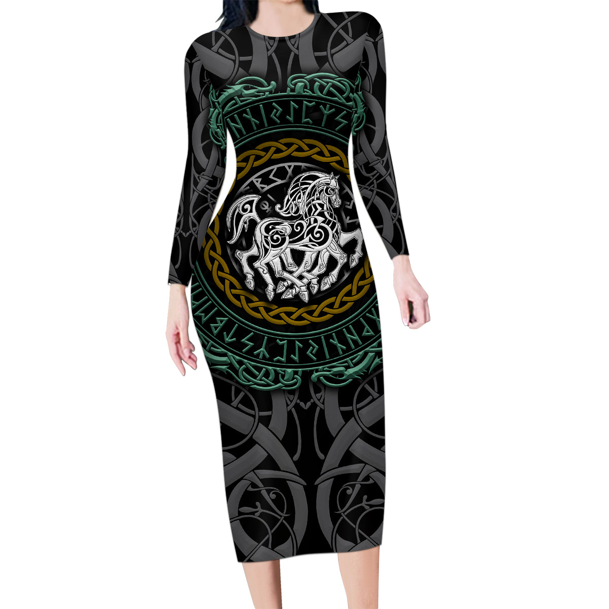 Viking Family Matching Long Sleeve Bodycon Dress and Hawaiian Shirt Sleipnir symbol and viking pattern art - Wonder Print Shop