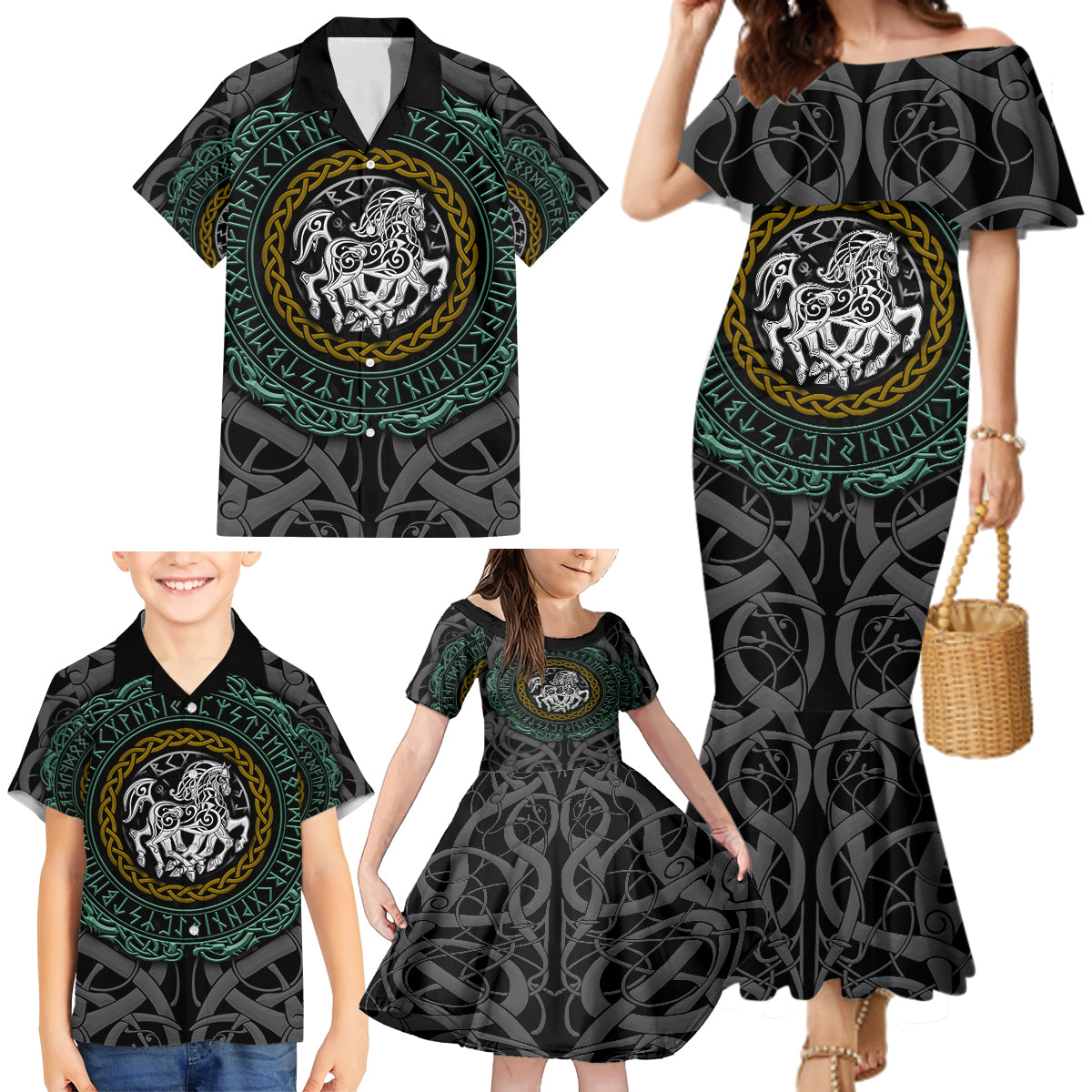 Viking Family Matching Mermaid Dress and Hawaiian Shirt Sleipnir symbol and viking pattern art - Wonder Print Shop