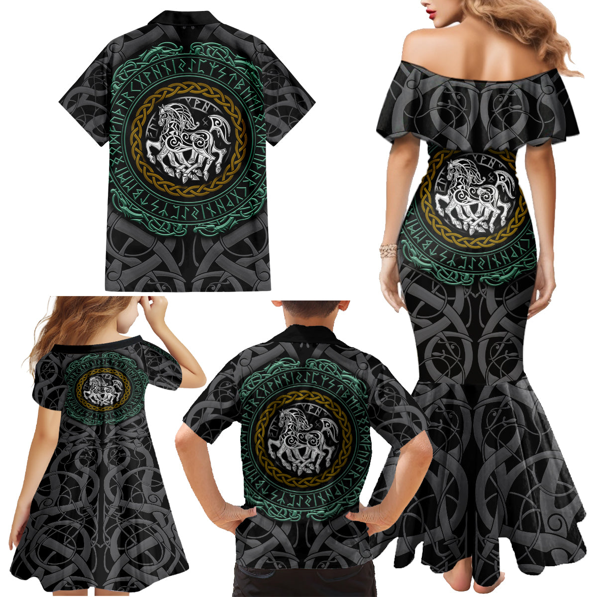 Viking Family Matching Mermaid Dress and Hawaiian Shirt Sleipnir symbol and viking pattern art - Wonder Print Shop