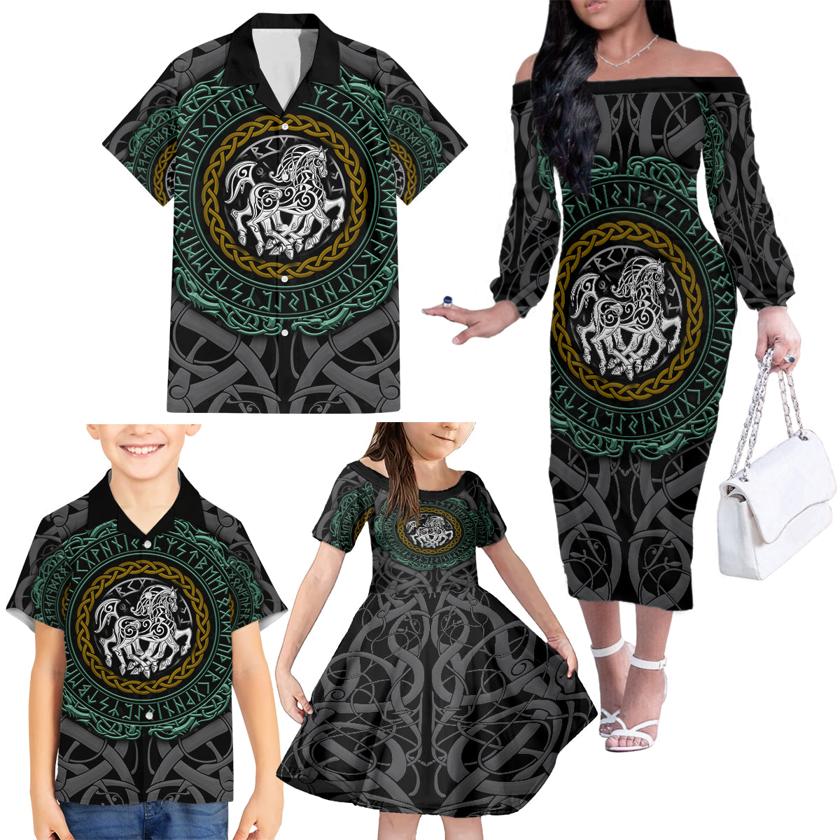 Viking Family Matching Off Shoulder Long Sleeve Dress and Hawaiian Shirt Sleipnir symbol and viking pattern art - Wonder Print Shop