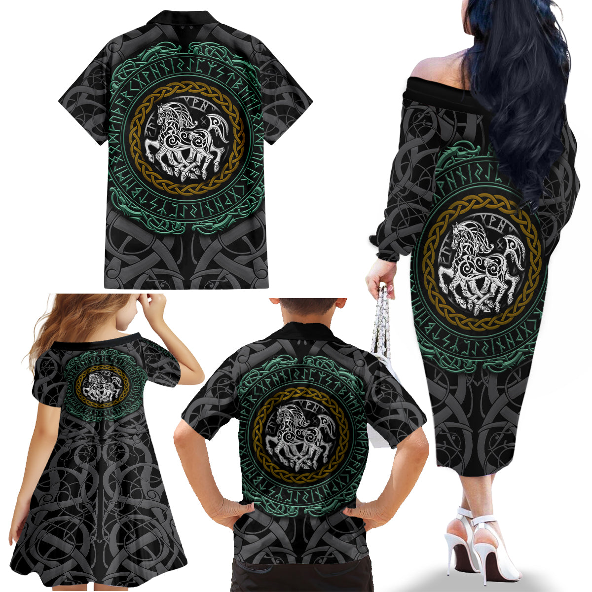 Viking Family Matching Off Shoulder Long Sleeve Dress and Hawaiian Shirt Sleipnir symbol and viking pattern art - Wonder Print Shop