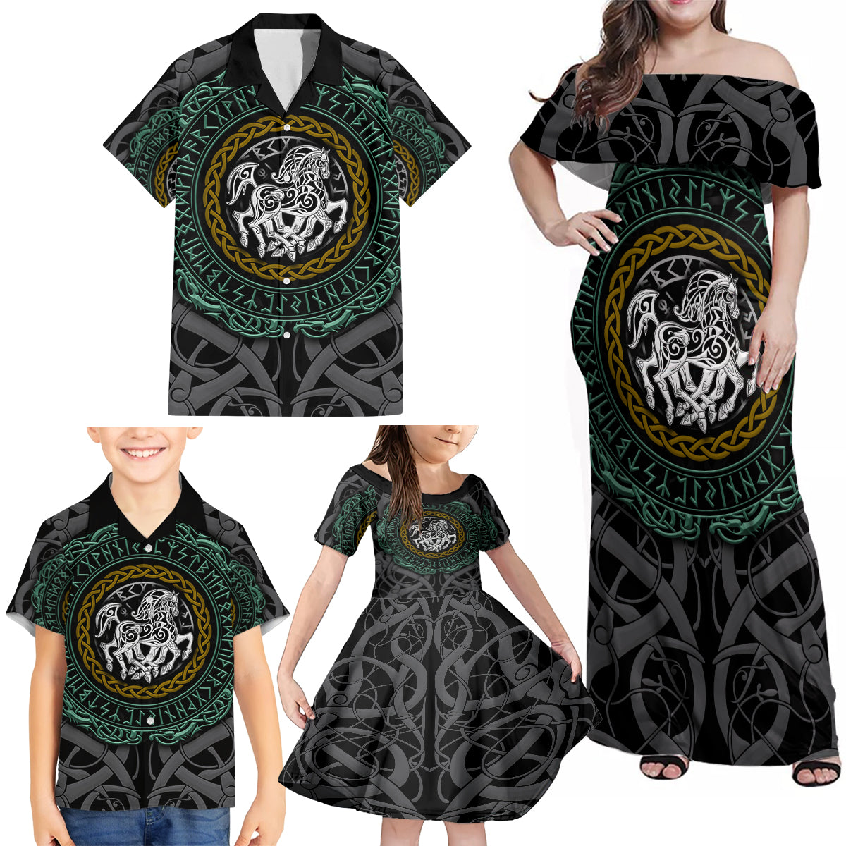 Viking Family Matching Off Shoulder Maxi Dress and Hawaiian Shirt Sleipnir symbol and viking pattern art - Wonder Print Shop