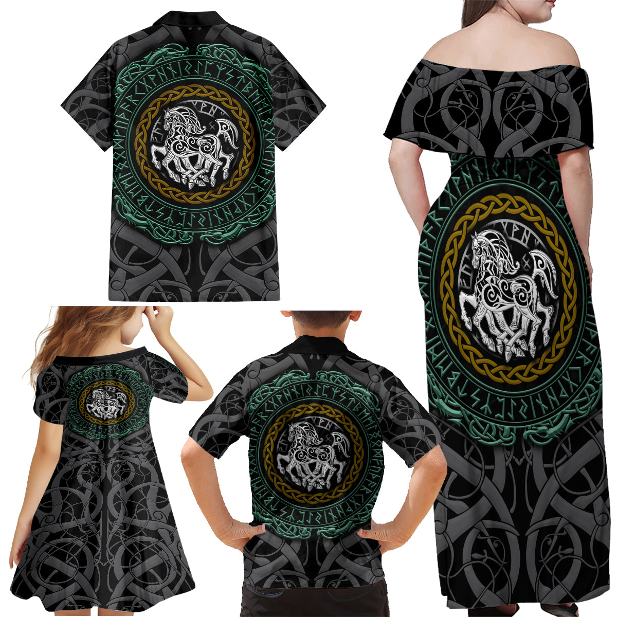 Viking Family Matching Off Shoulder Maxi Dress and Hawaiian Shirt Sleipnir symbol and viking pattern art - Wonder Print Shop