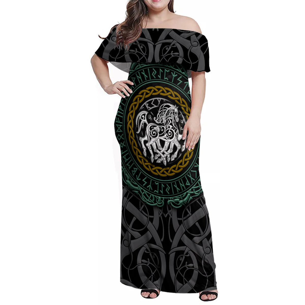 Viking Family Matching Off Shoulder Maxi Dress and Hawaiian Shirt Sleipnir symbol and viking pattern art - Wonder Print Shop