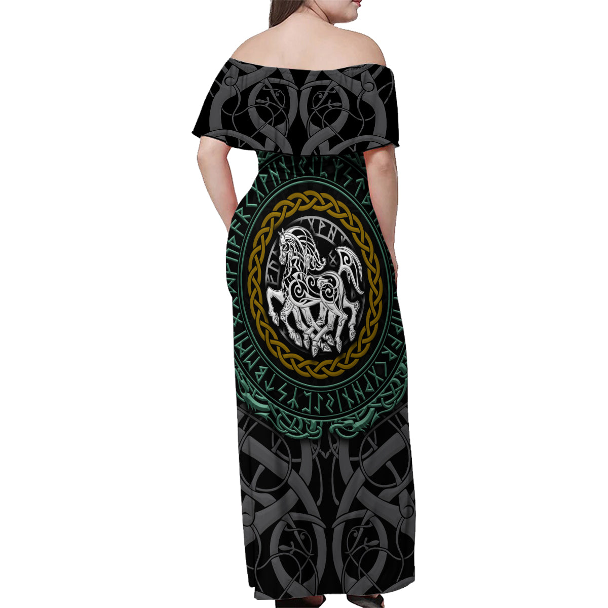 Viking Family Matching Off Shoulder Maxi Dress and Hawaiian Shirt Sleipnir symbol and viking pattern art - Wonder Print Shop