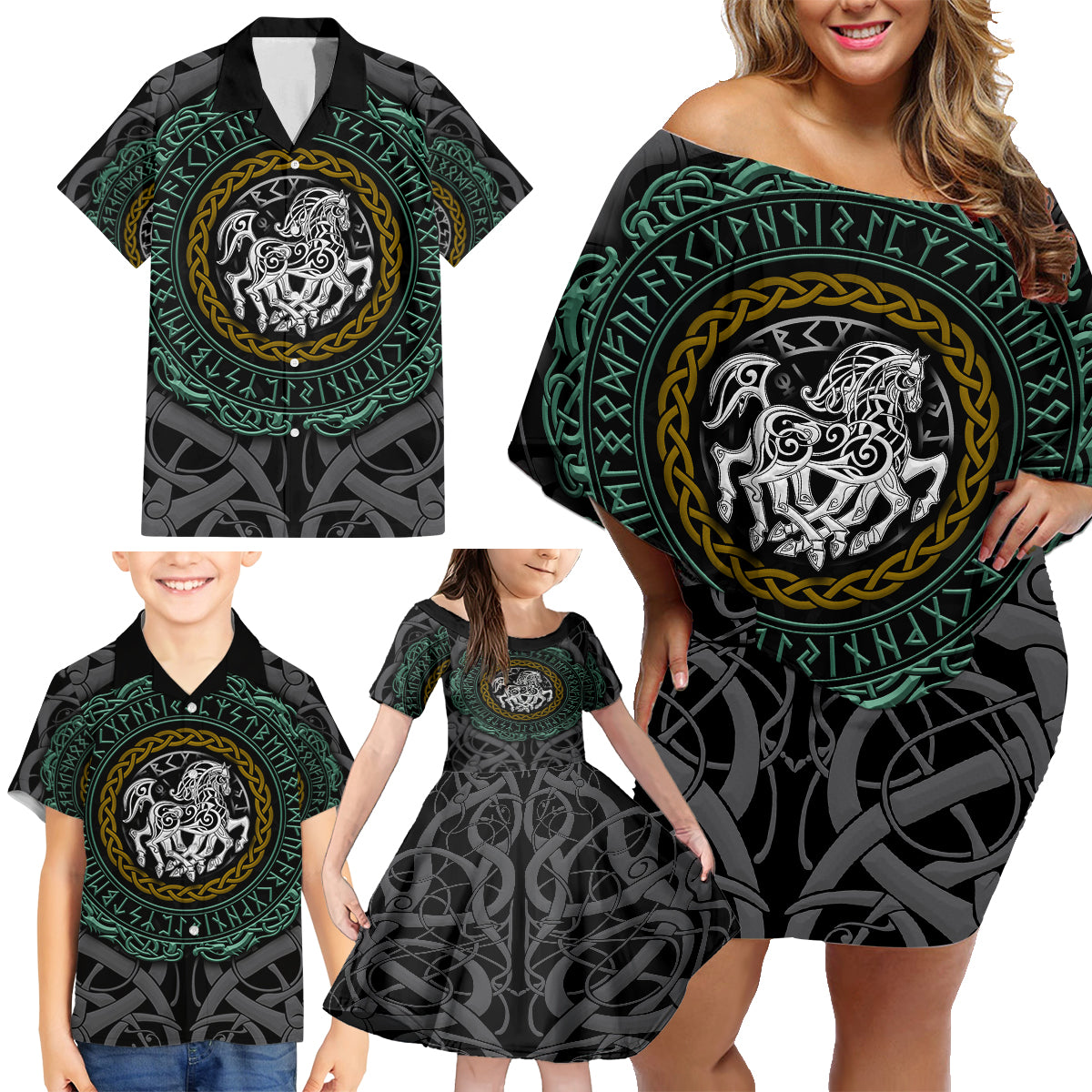 Viking Family Matching Off Shoulder Short Dress and Hawaiian Shirt Sleipnir symbol and viking pattern art - Wonder Print Shop