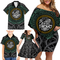 Viking Family Matching Off Shoulder Short Dress and Hawaiian Shirt Sleipnir symbol and viking pattern art - Wonder Print Shop