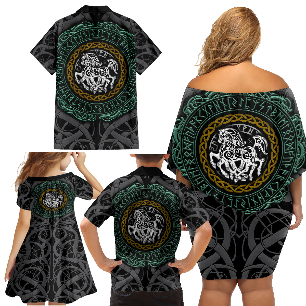 Viking Family Matching Off Shoulder Short Dress and Hawaiian Shirt Sleipnir symbol and viking pattern art - Wonder Print Shop