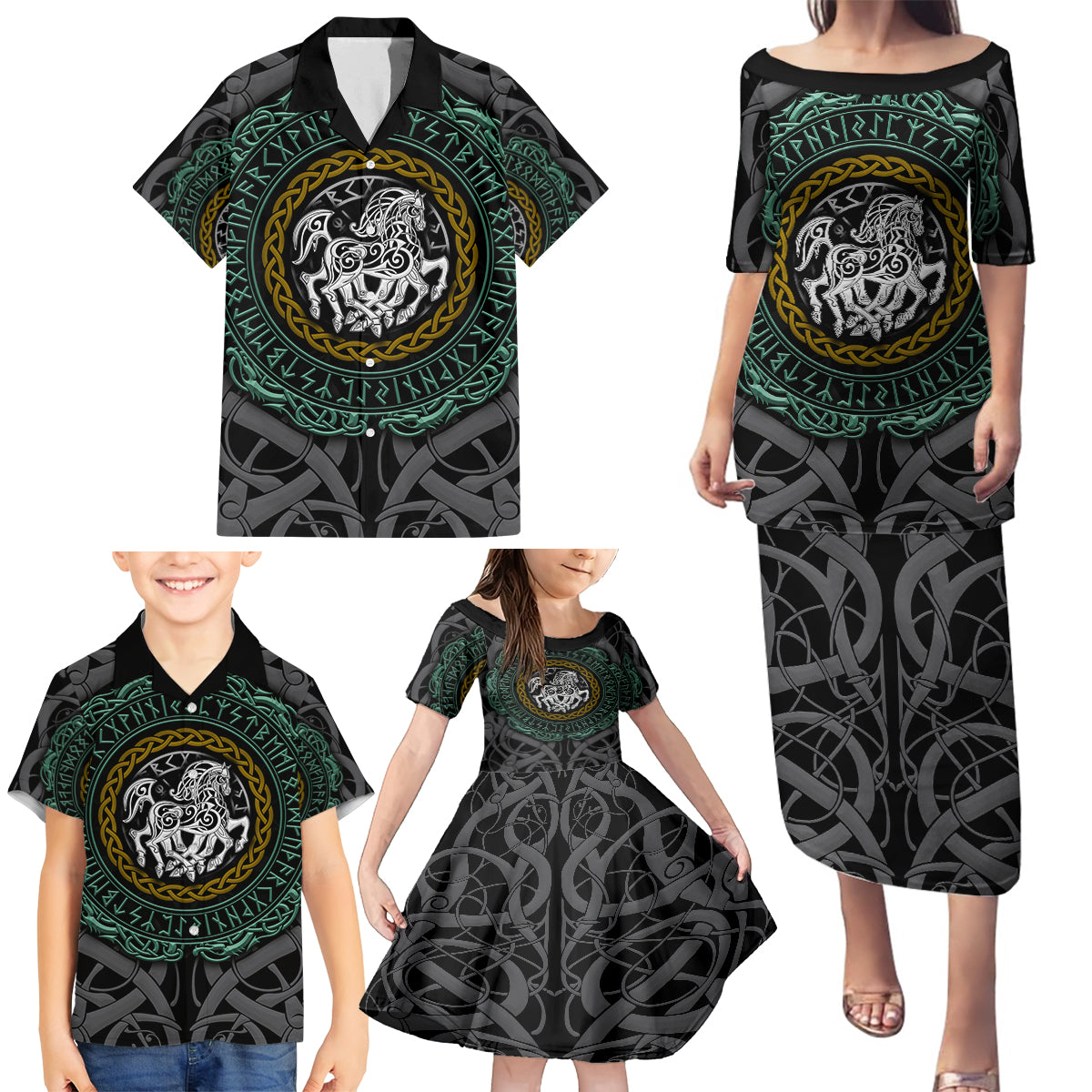 Viking Family Matching Puletasi Dress and Hawaiian Shirt Sleipnir symbol and viking pattern art - Wonder Print Shop