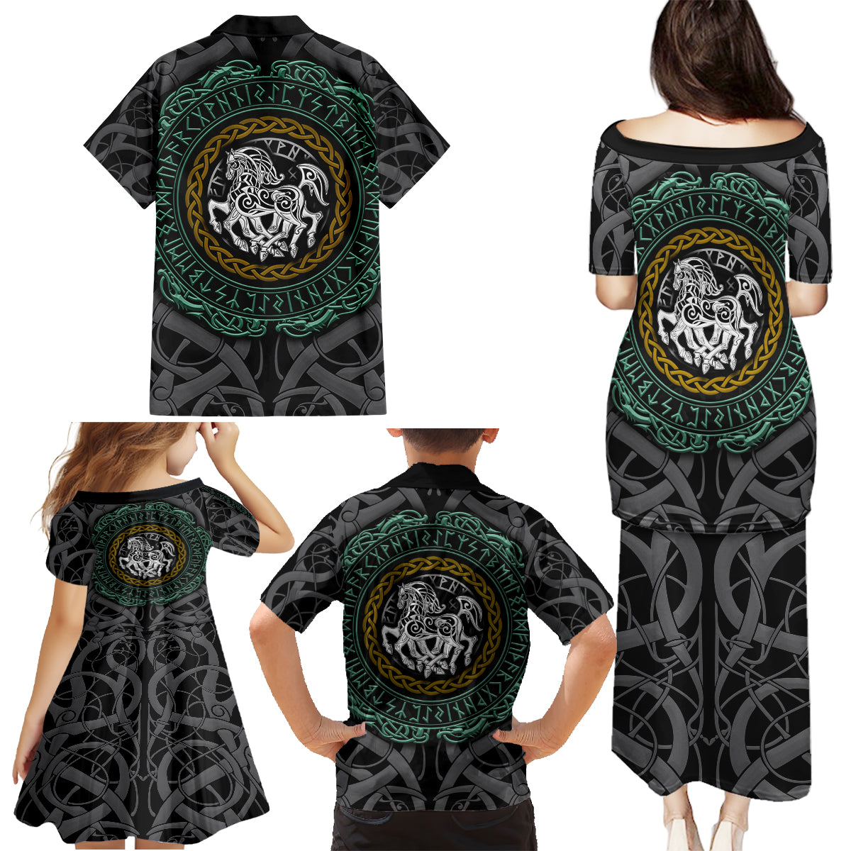 Viking Family Matching Puletasi Dress and Hawaiian Shirt Sleipnir symbol and viking pattern art - Wonder Print Shop