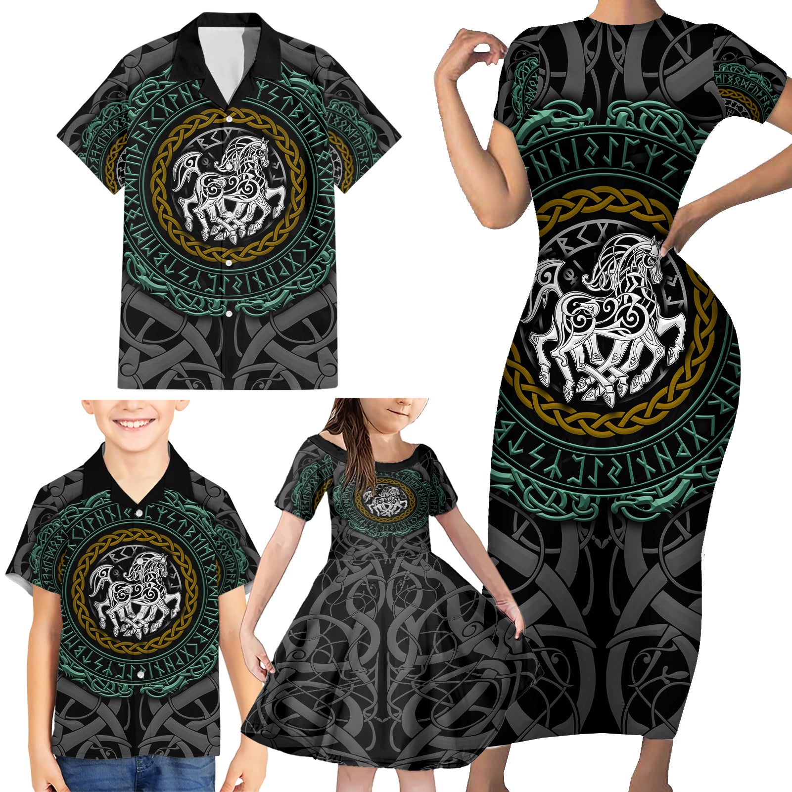 Viking Family Matching Short Sleeve Bodycon Dress and Hawaiian Shirt Sleipnir symbol and viking pattern art - Wonder Print Shop