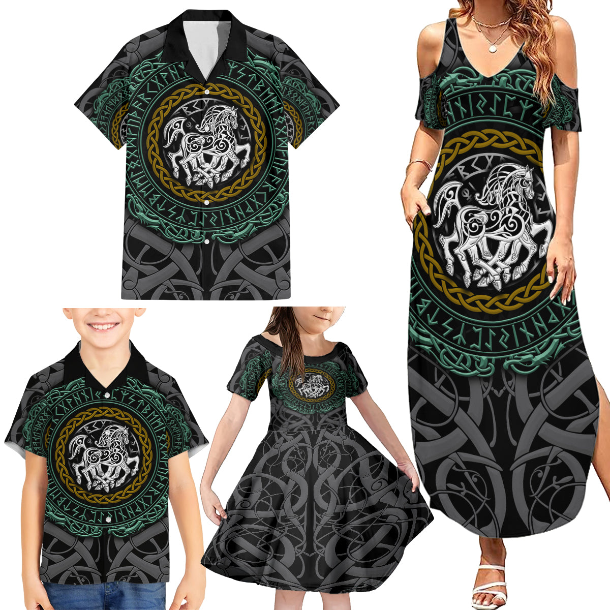Viking Family Matching Summer Maxi Dress and Hawaiian Shirt Sleipnir symbol and viking pattern art - Wonder Print Shop