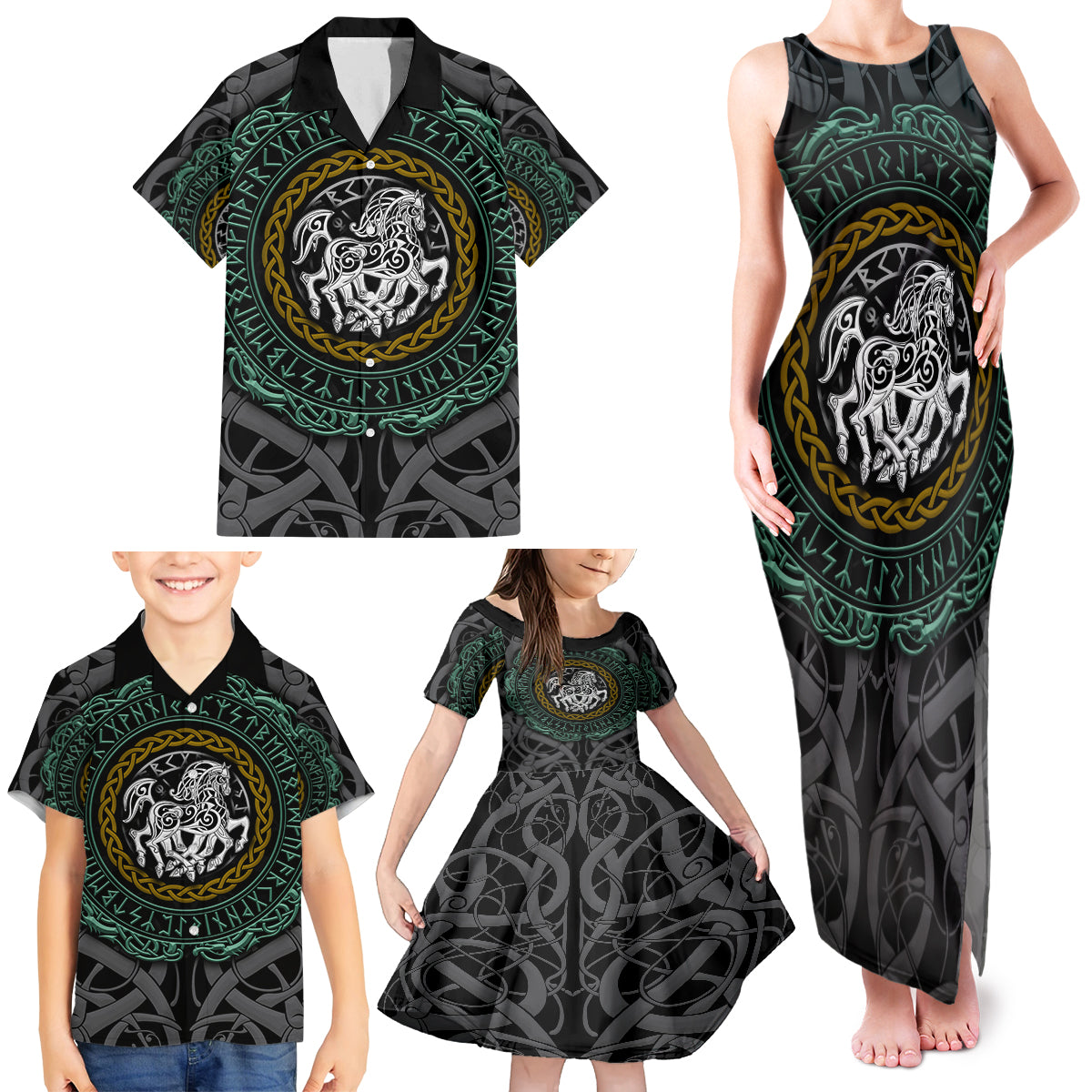 Viking Family Matching Tank Maxi Dress and Hawaiian Shirt Sleipnir symbol and viking pattern art - Wonder Print Shop