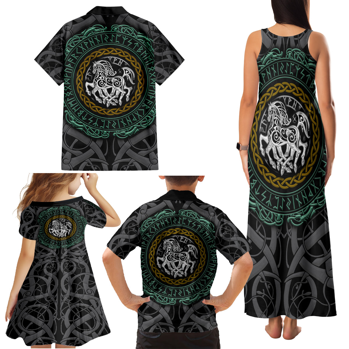 Viking Family Matching Tank Maxi Dress and Hawaiian Shirt Sleipnir symbol and viking pattern art - Wonder Print Shop