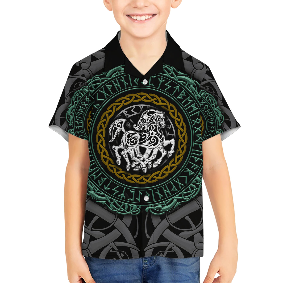 Viking Hawaiian Shirt Sleipnir symbol and viking pattern art - Wonder Print Shop