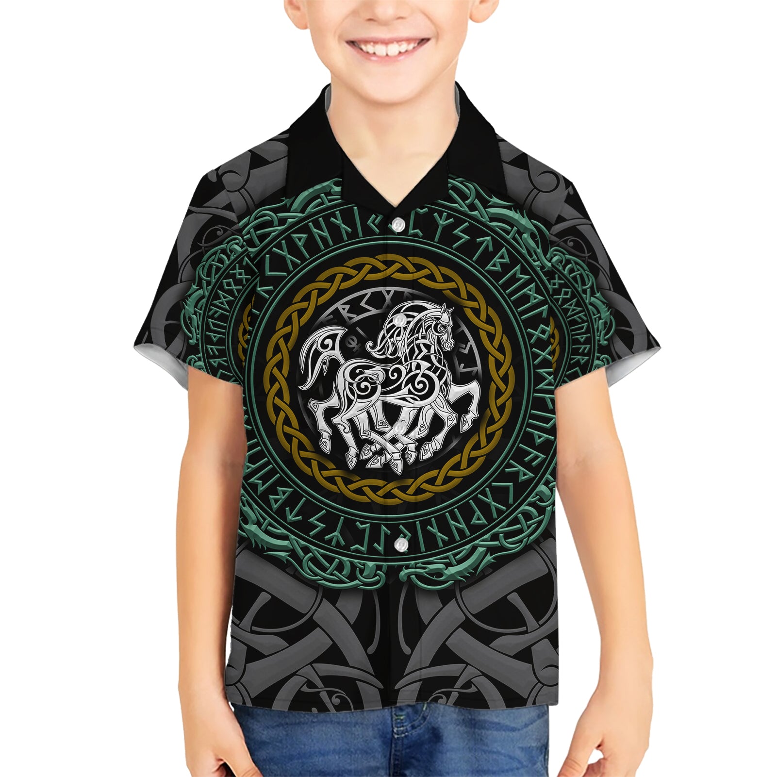 Viking Kid Hawaiian Shirt Sleipnir symbol and viking pattern art - Wonder Print Shop