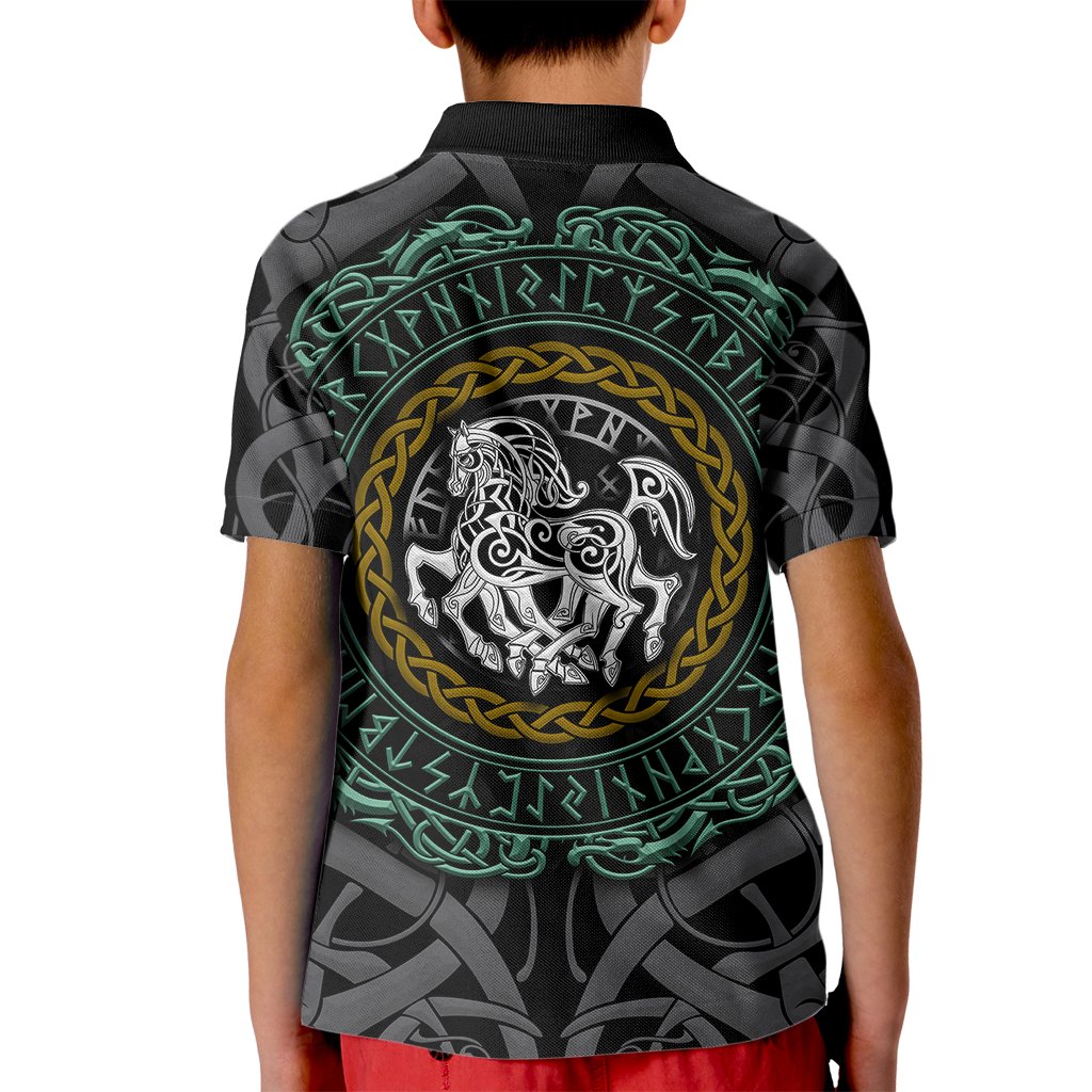 Viking Kid Polo Shirt Sleipnir symbol and viking pattern art - Wonder Print Shop