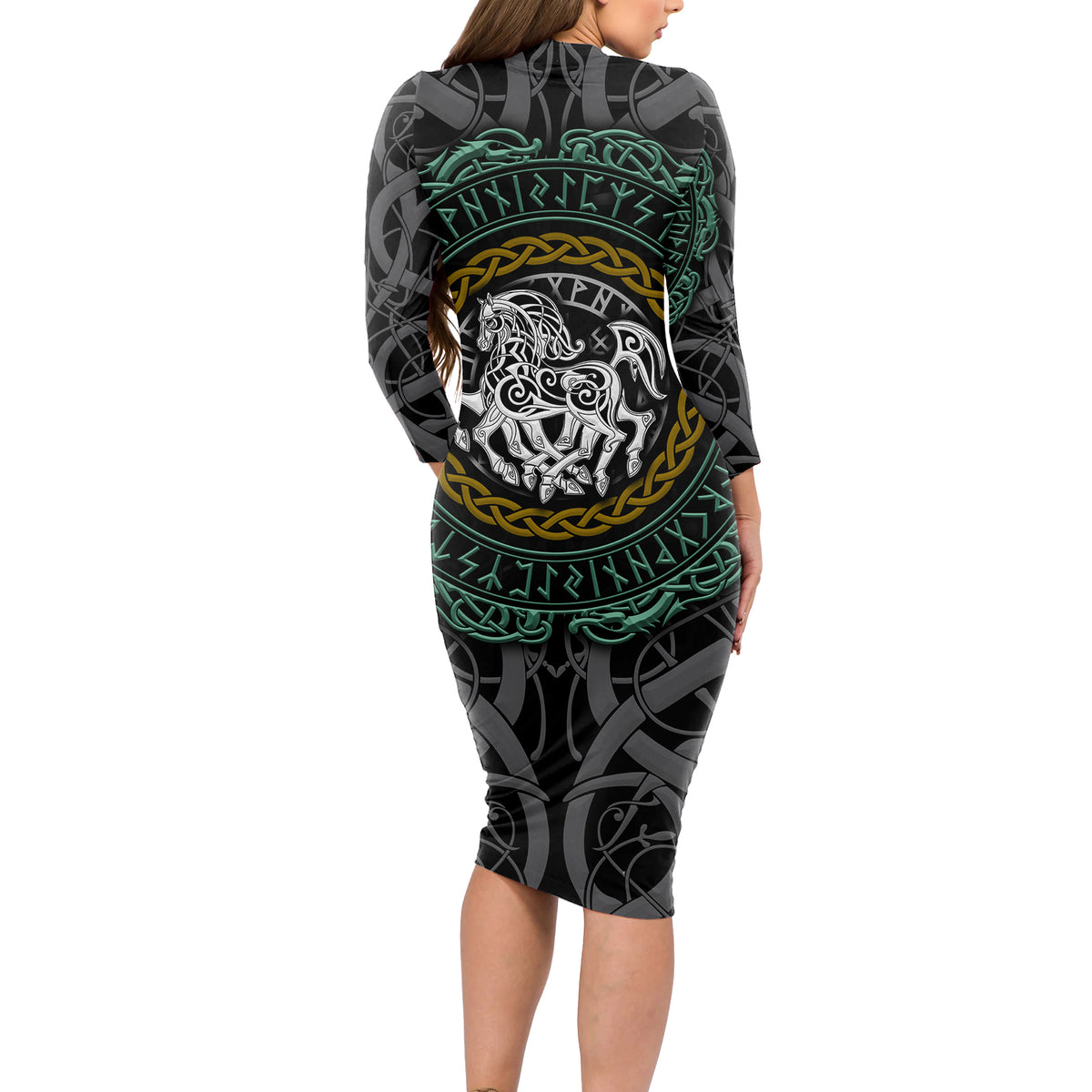 Viking Long Sleeve Bodycon Dress Sleipnir symbol and viking pattern art - Wonder Print Shop
