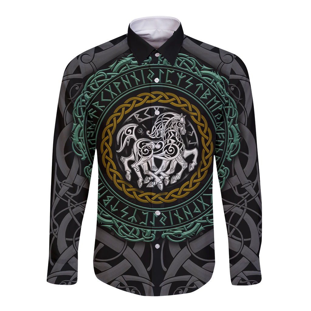 Viking Long Sleeve Button Shirt Sleipnir symbol and viking pattern art - Wonder Print Shop