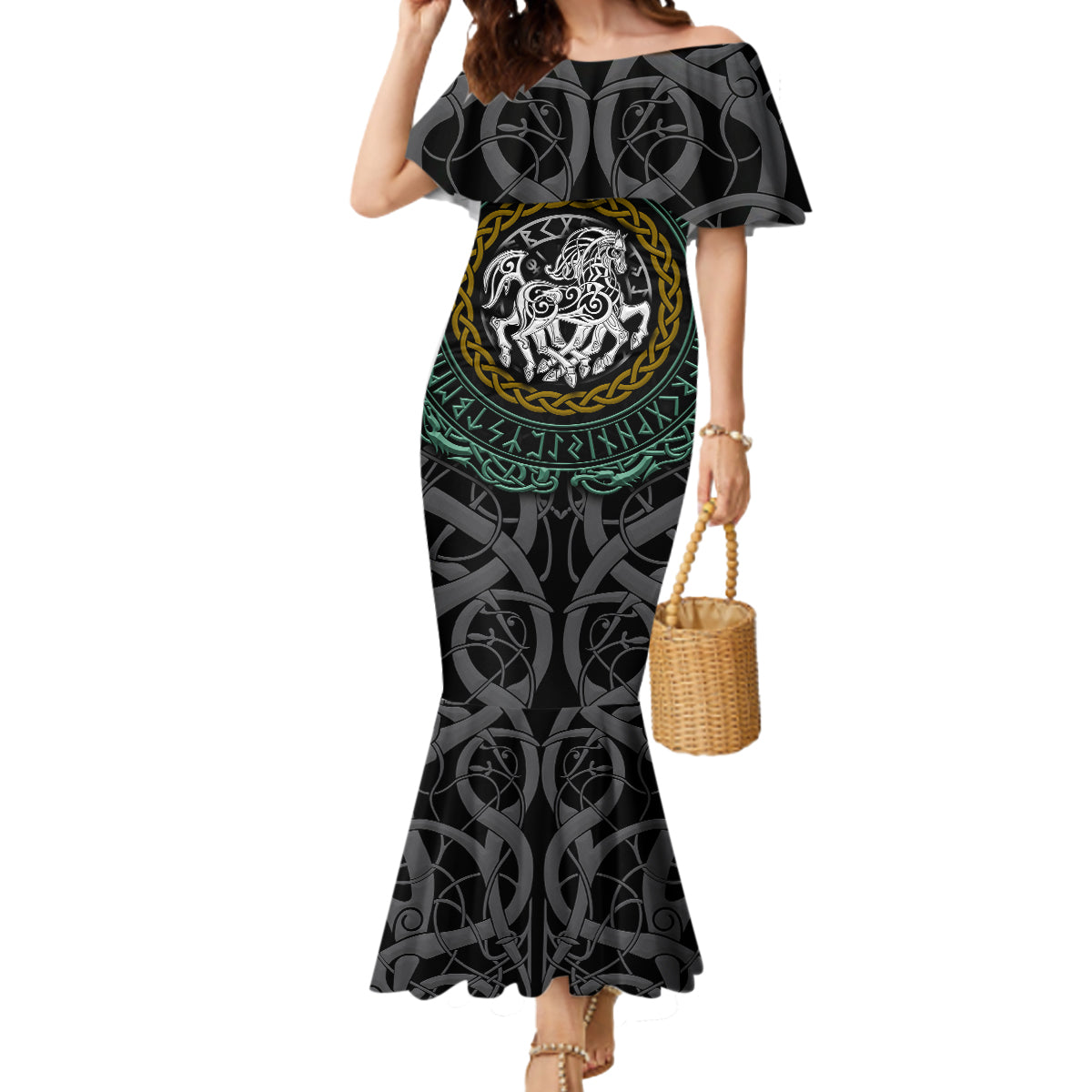 Viking Mermaid Dress Sleipnir symbol and viking pattern art - Wonder Print Shop