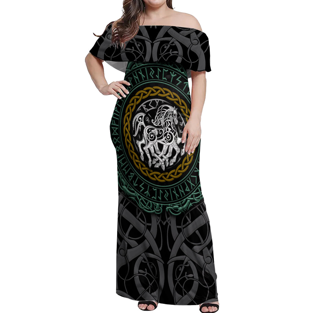 Viking Off Shoulder Maxi Dress Sleipnir symbol and viking pattern art - Wonder Print Shop