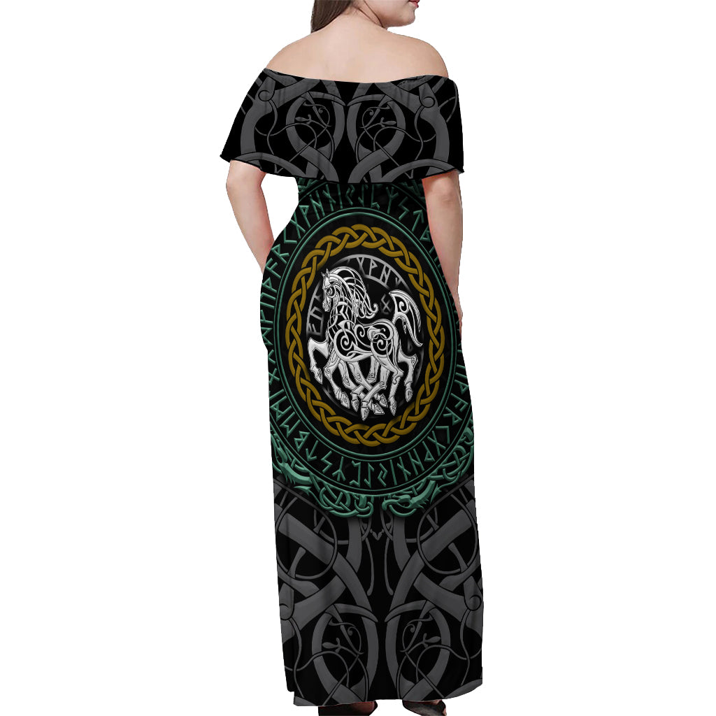 Viking Off Shoulder Maxi Dress Sleipnir symbol and viking pattern art - Wonder Print Shop