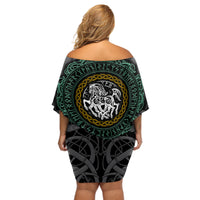 Viking Off Shoulder Short Dress Sleipnir symbol and viking pattern art - Wonder Print Shop