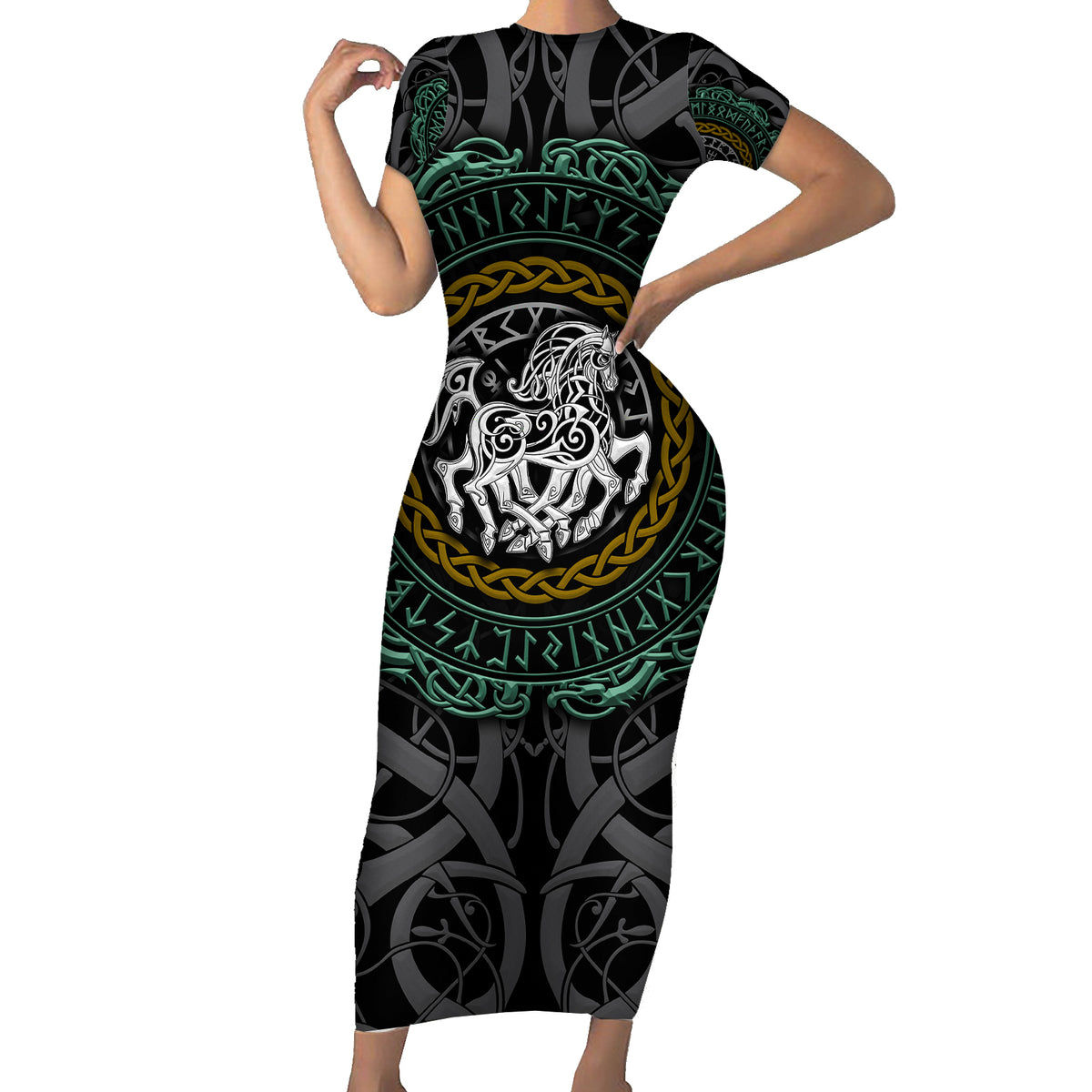 Viking Short Sleeve Bodycon Dress Sleipnir symbol and viking pattern art - Wonder Print Shop