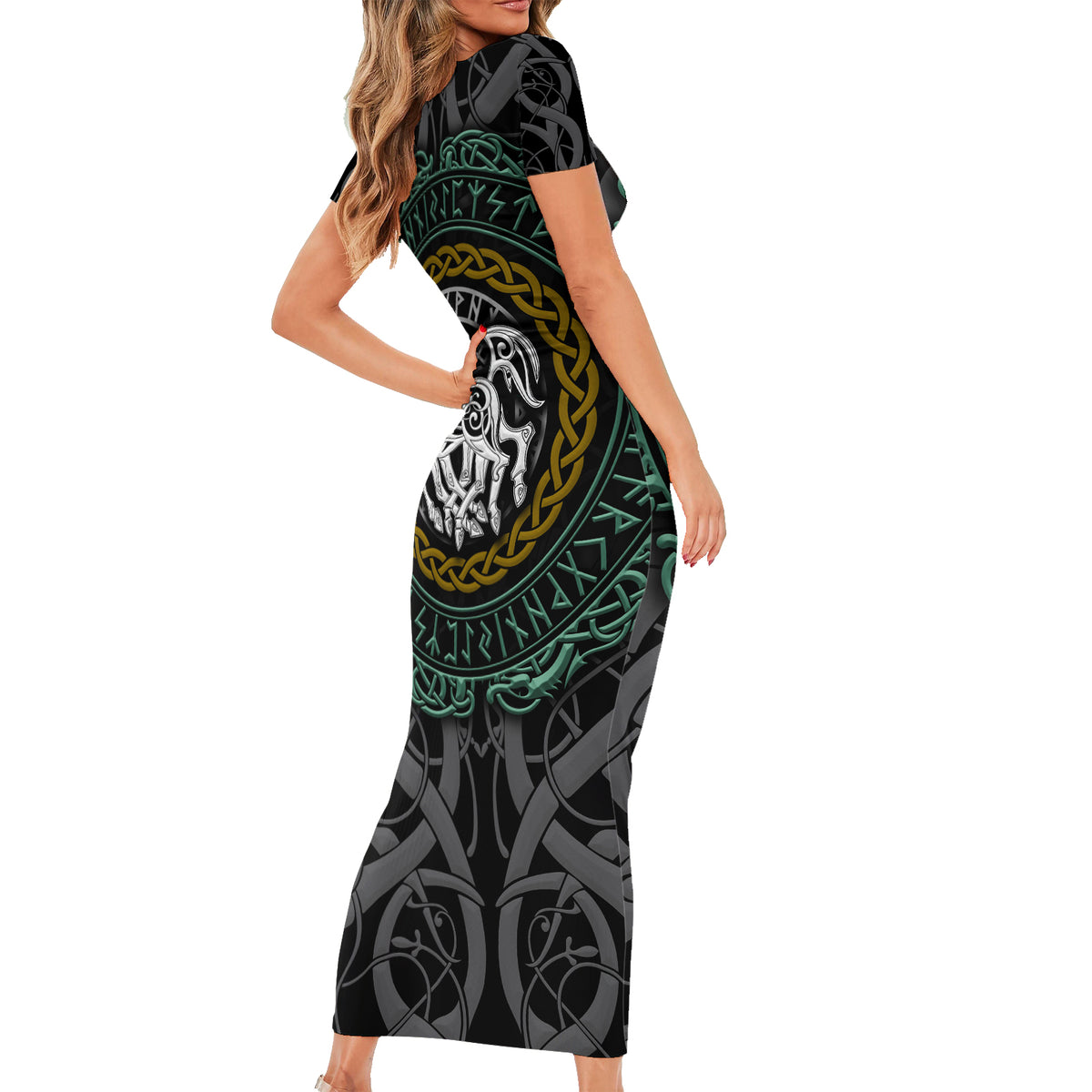 Viking Short Sleeve Bodycon Dress Sleipnir symbol and viking pattern art - Wonder Print Shop