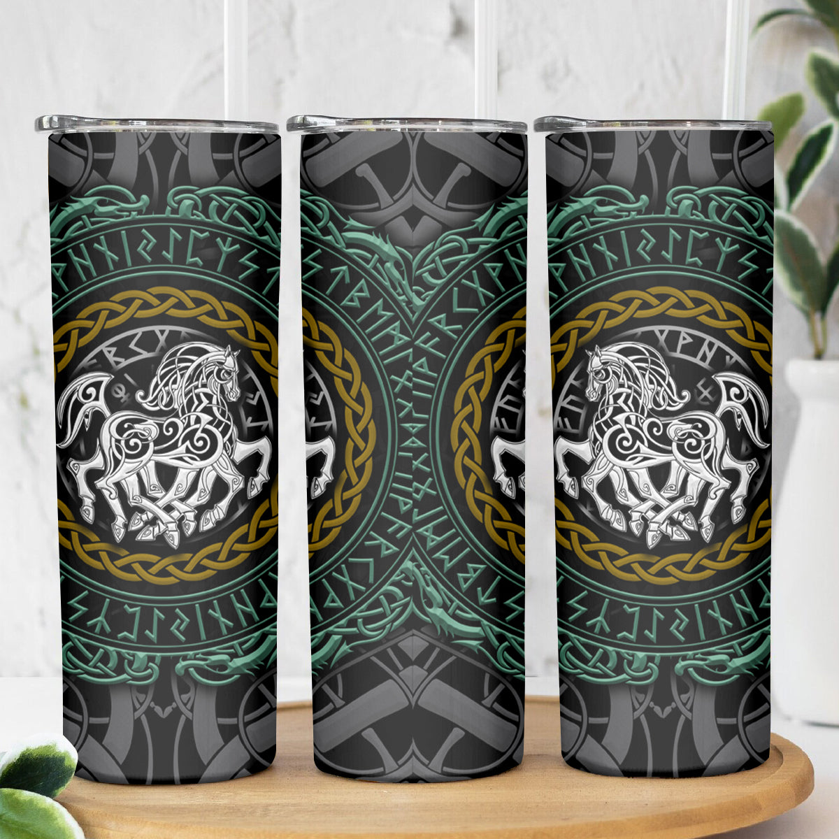 Viking Skinny Tumbler Sleipnir symbol and viking pattern art - Wonder Print Shop