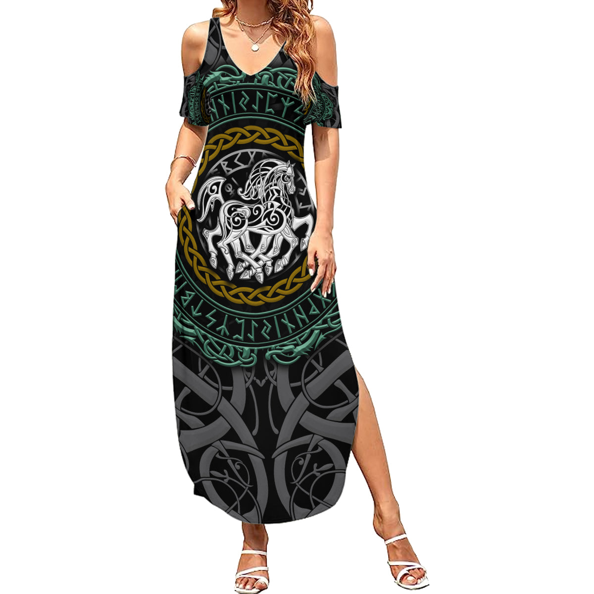 Viking Summer Maxi Dress Sleipnir symbol and viking pattern art - Wonder Print Shop