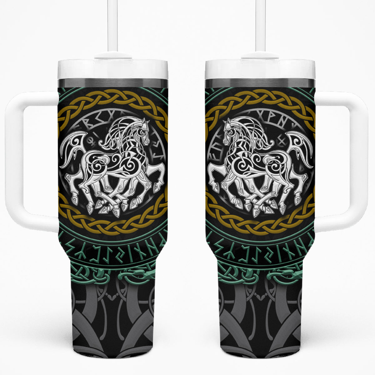 Viking Tumbler With Handle Sleipnir symbol and viking pattern art - Wonder Print Shop