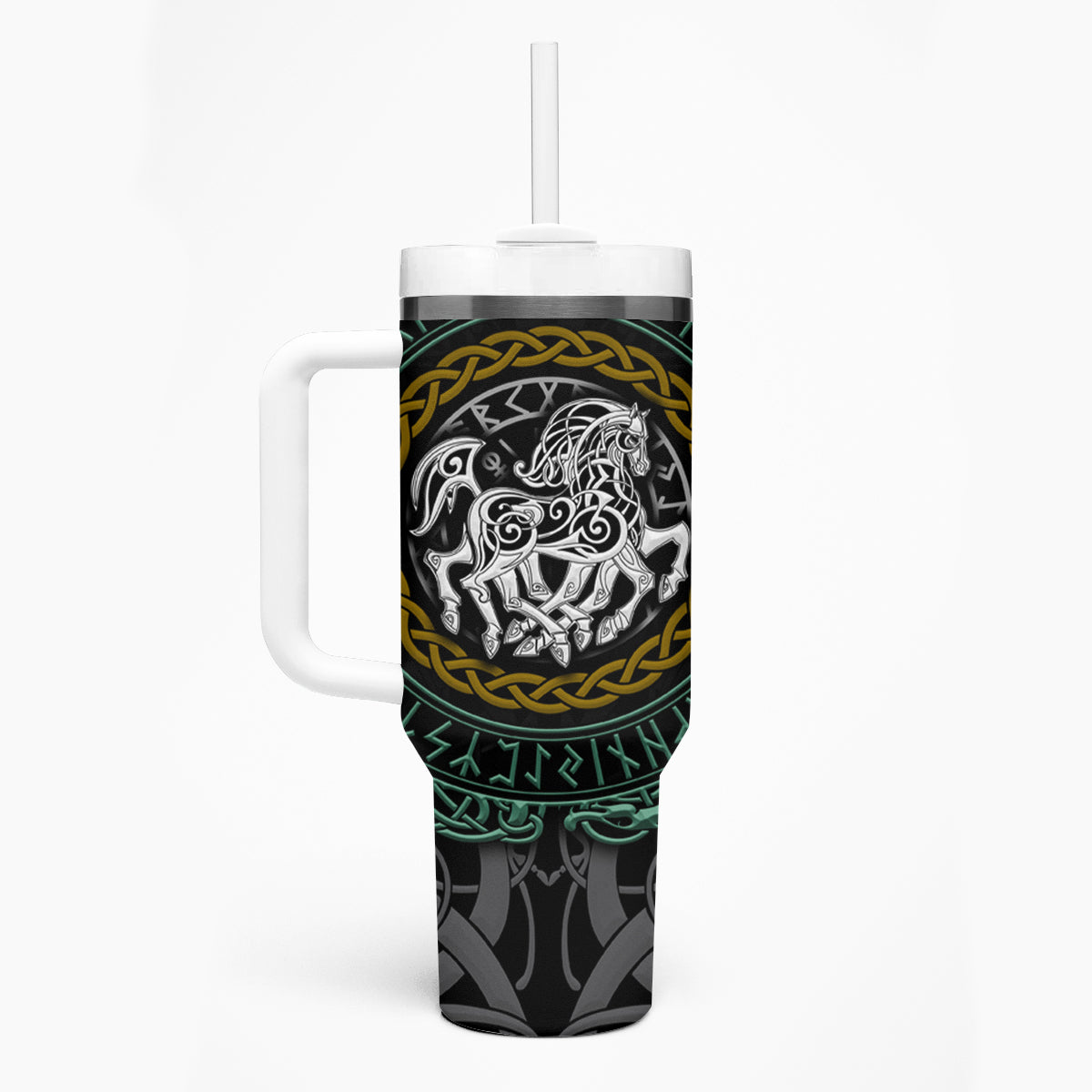 Viking Tumbler With Handle Sleipnir symbol and viking pattern art - Wonder Print Shop