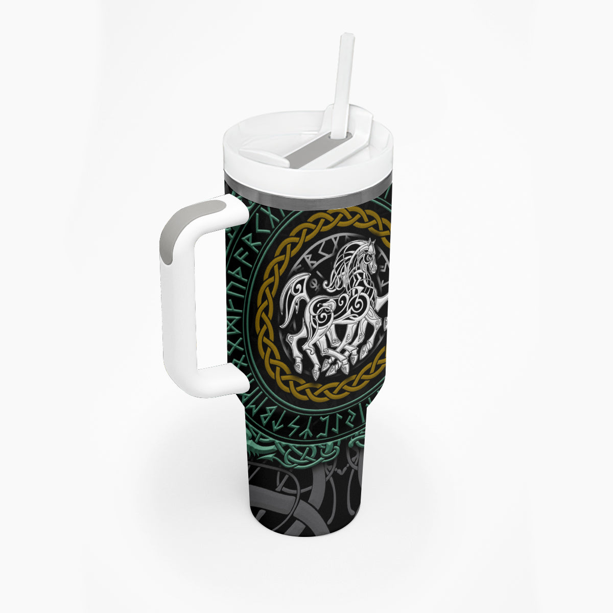 Viking Tumbler With Handle Sleipnir symbol and viking pattern art - Wonder Print Shop