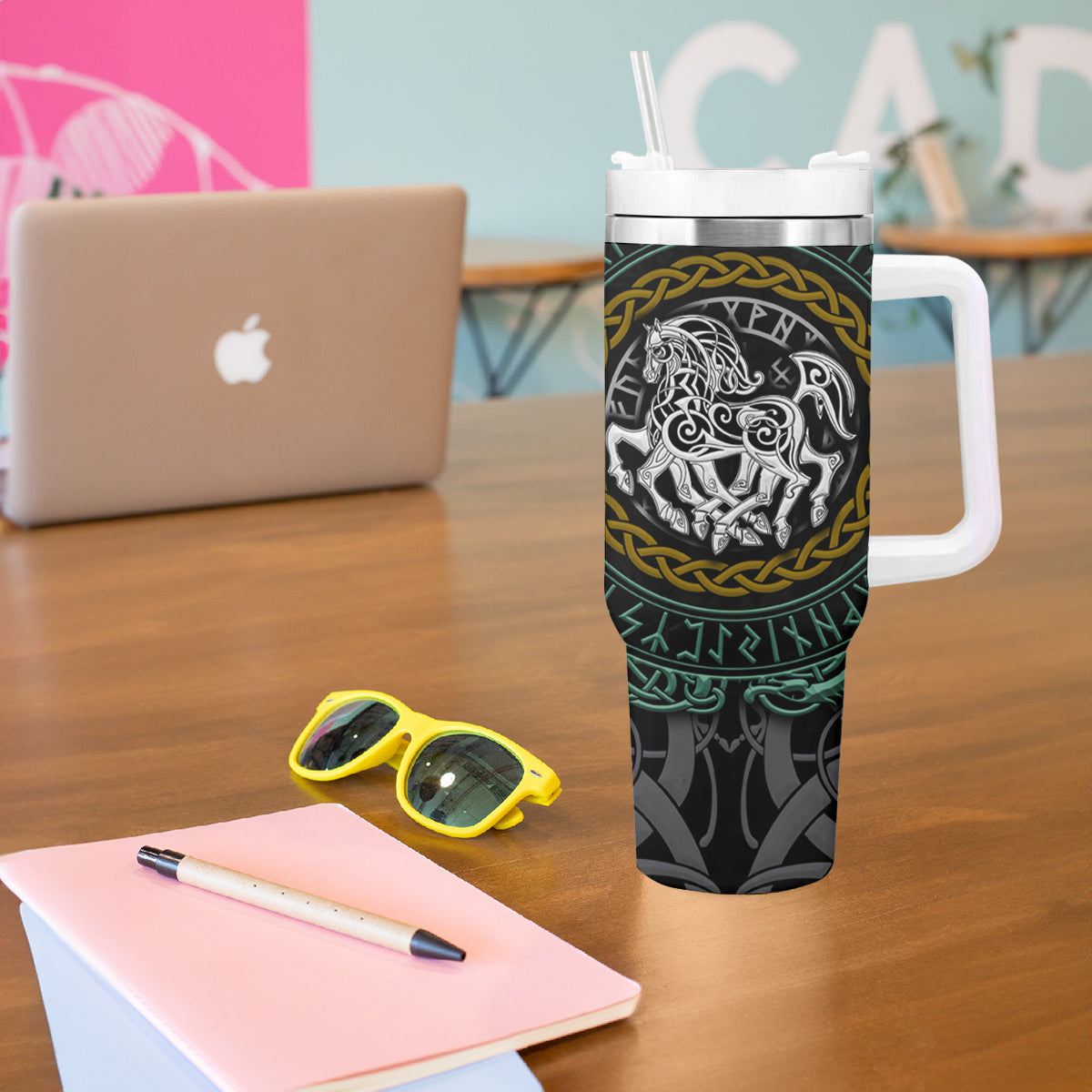 Viking Tumbler With Handle Sleipnir symbol and viking pattern art - Wonder Print Shop