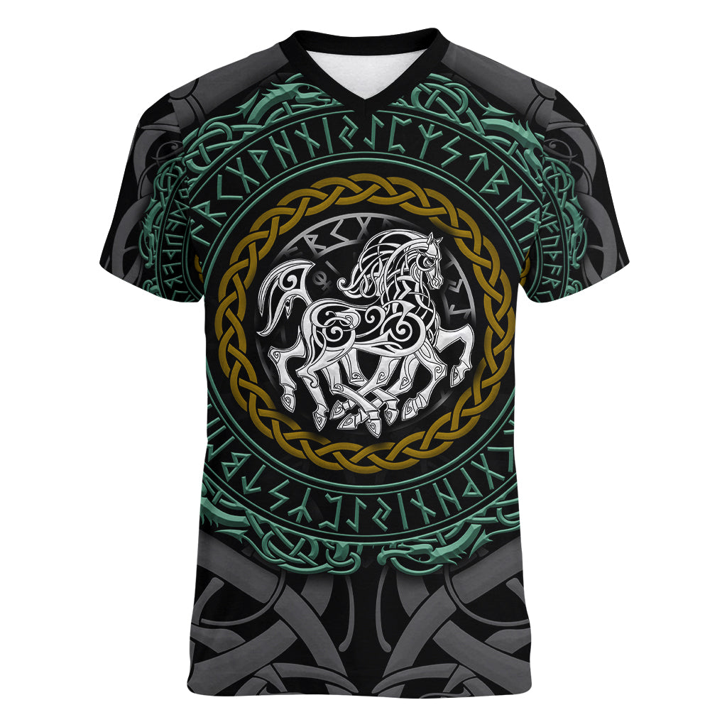 Viking Women V Neck T Shirt Sleipnir symbol and viking pattern art - Wonder Print Shop