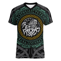 Viking Women V Neck T Shirt Sleipnir symbol and viking pattern art - Wonder Print Shop